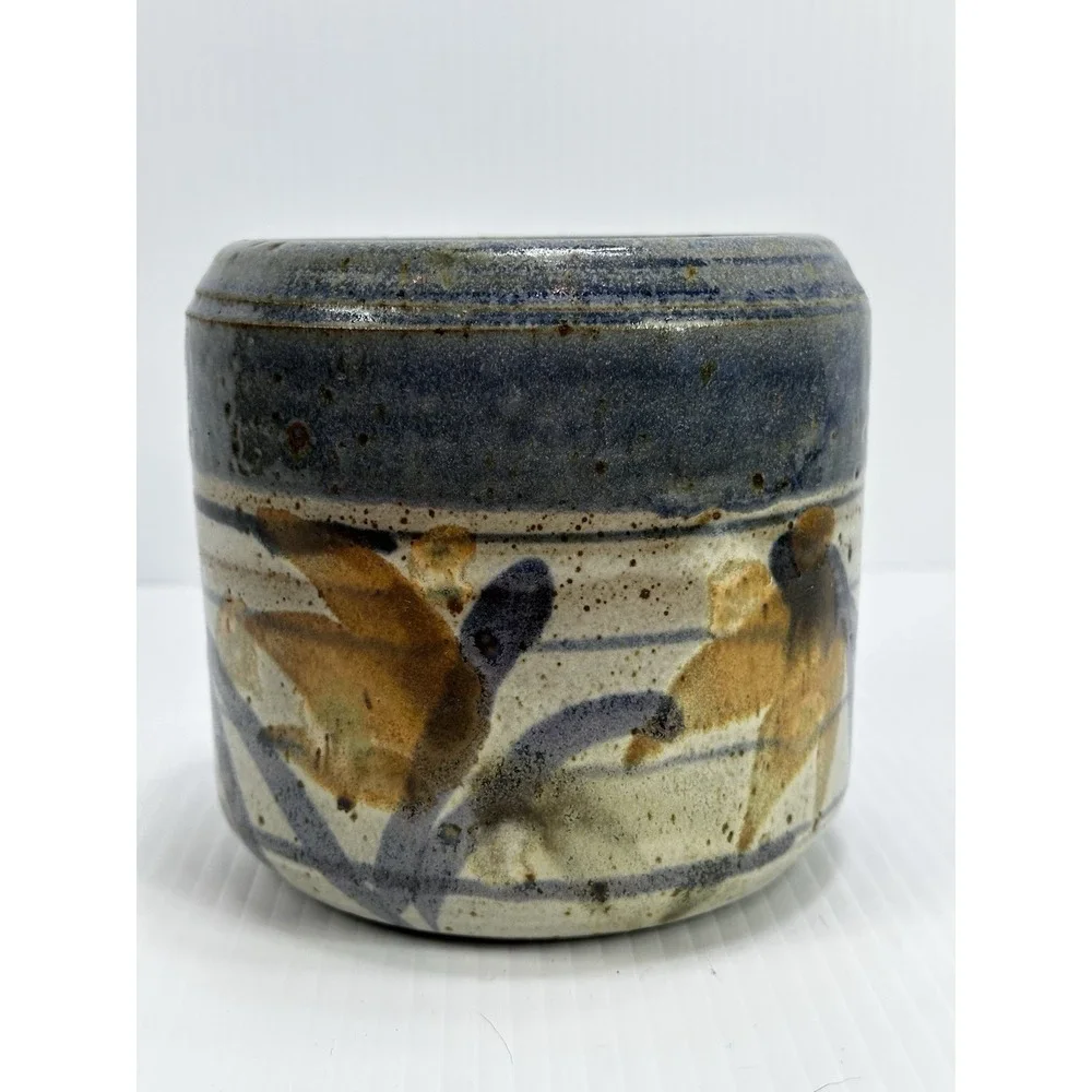 Vintage Art Studio Stoneware Pottery Vase‎ Planter Pot Blue Brown Flowers Signed